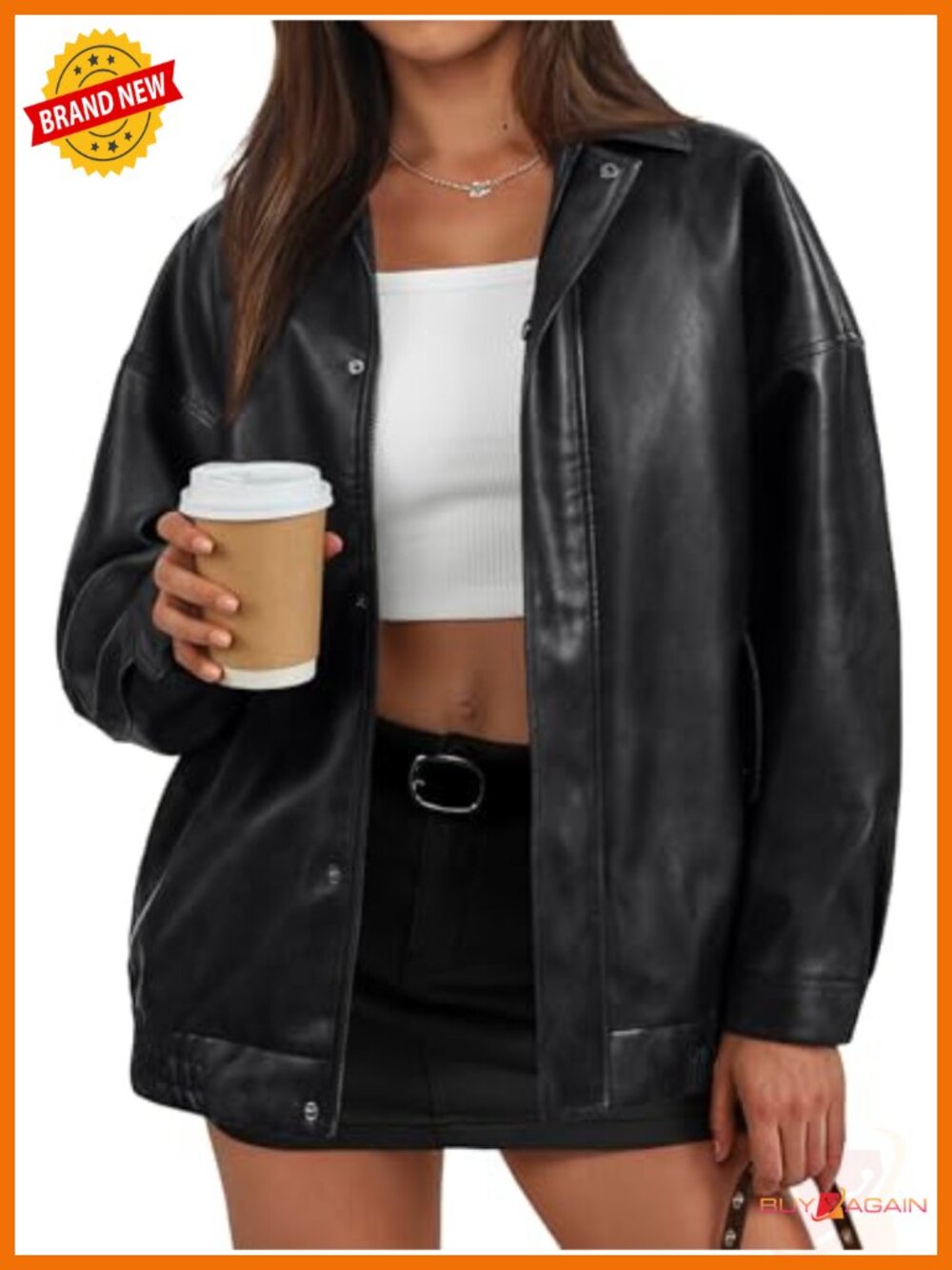 Oversized Faux Leather Bomber Jacket Textured Zip Coat